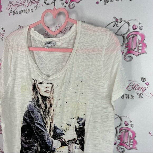 Express tshirt 2 tone mesh bottom hem bling White Graphic Short Sleeve Tee - Picture 4 of 9